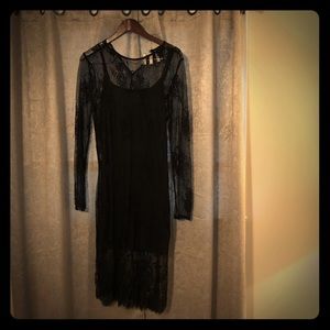 Mini spaghetti strap dress w/ all lace overlay